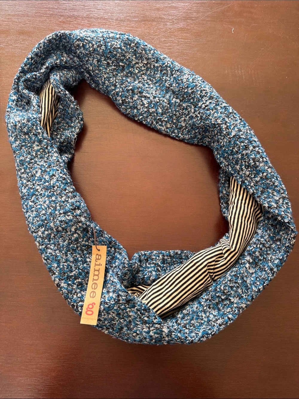 Aimee G reversible Teal Bouclé Infinity Scarf with Striped Lining